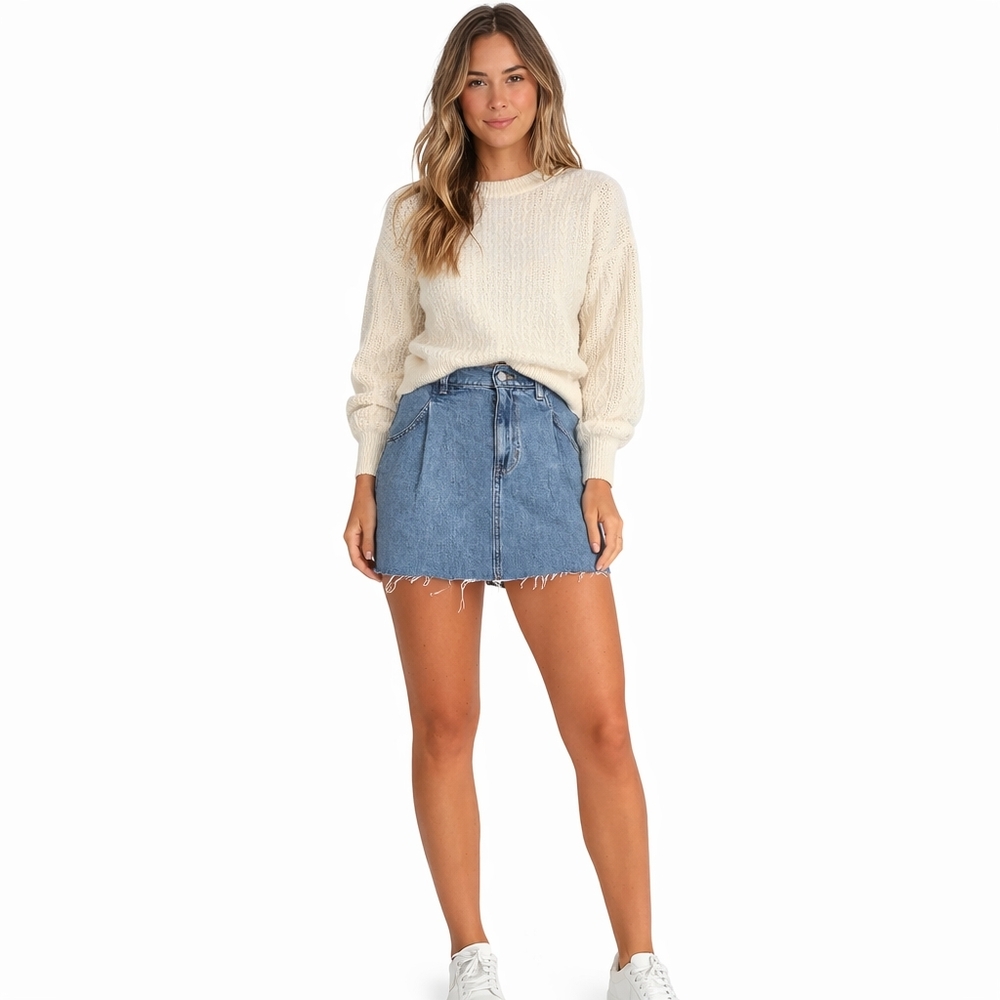 Free People Medium Wash Rain Denim Flirt Mini Skirt with Raw Hem Size 25